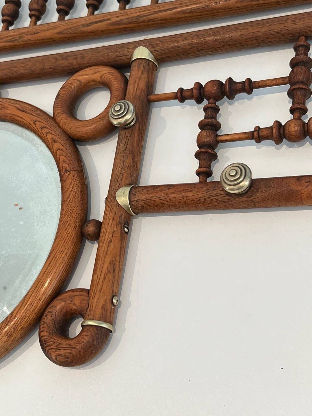 Curved Wooden and Brass Wall Coat Rack, Arts & Crafts, Austria, glass