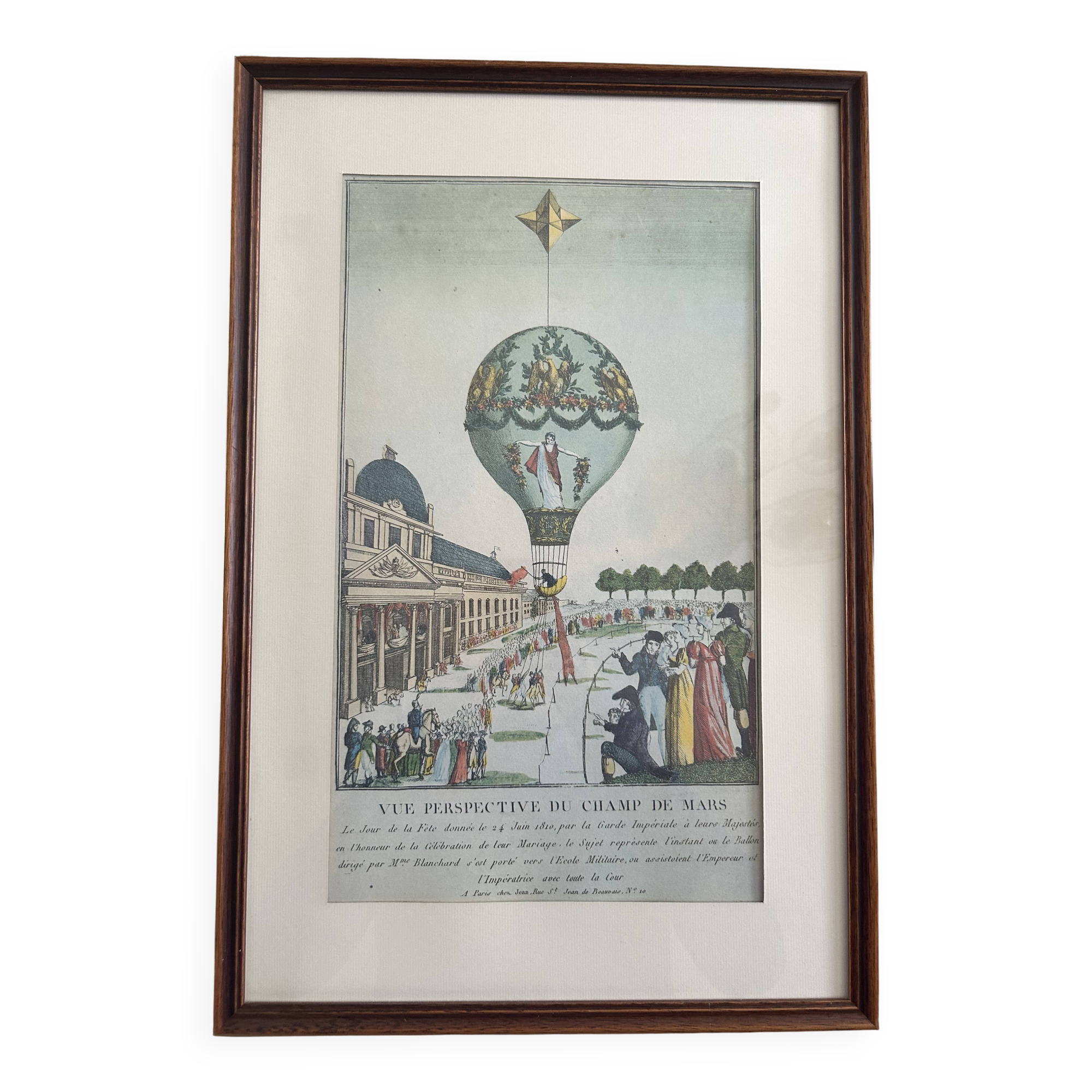 Gravure ancienne – Vue perspective du Champ de Mars – Ascension de ballon
