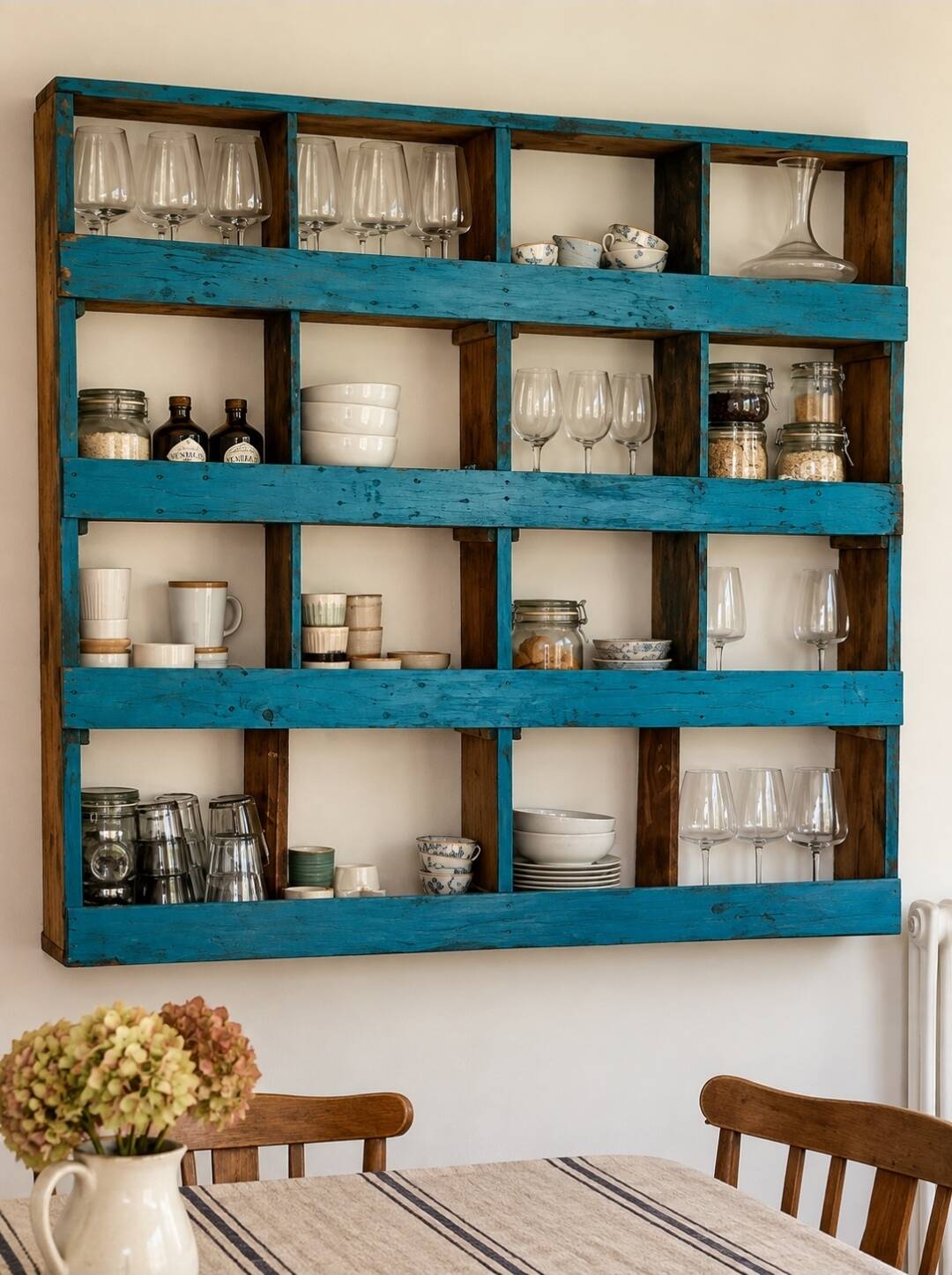 Antique wall cabinet in patinated turquoise blue wood, workshop style.