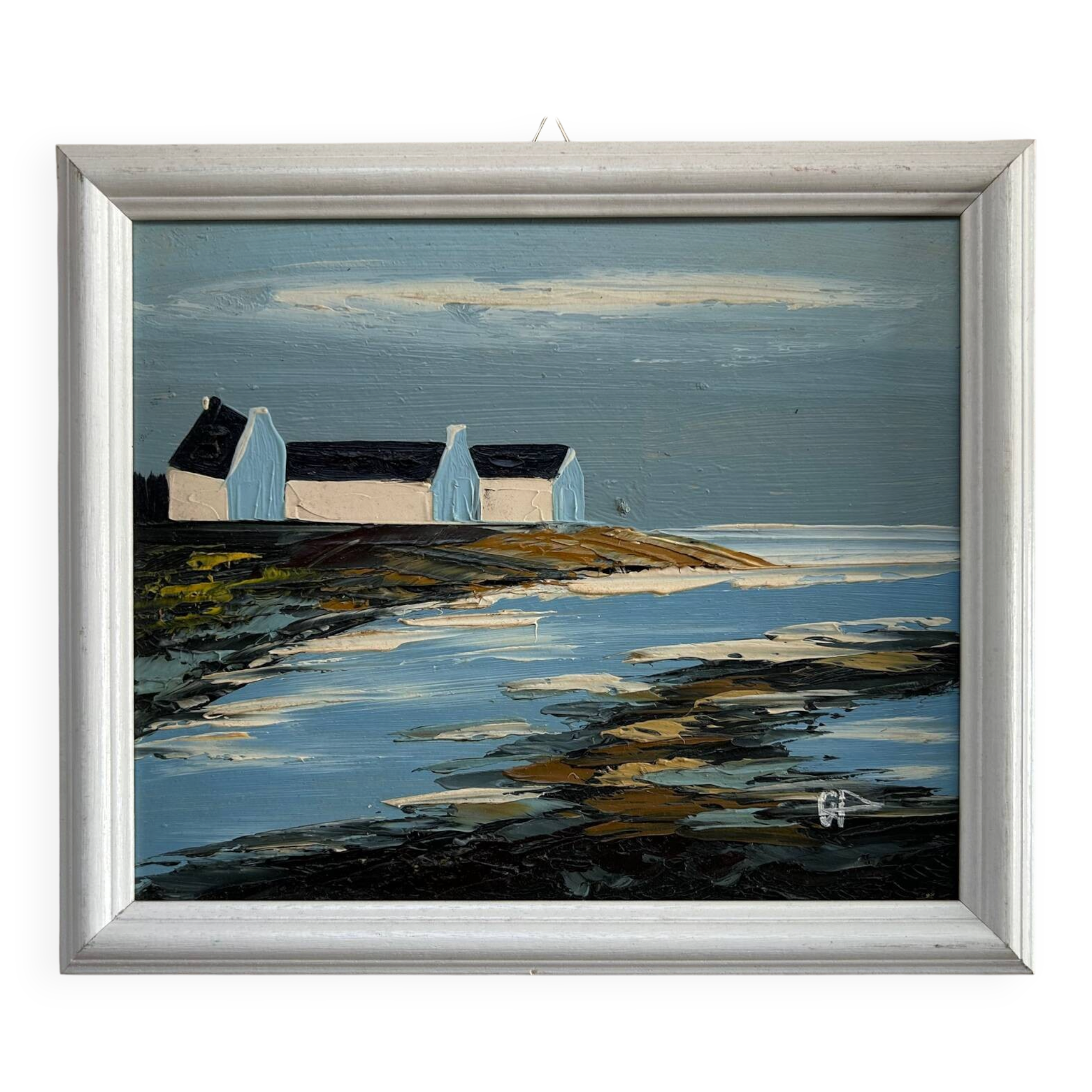 Marine bretonne, huile à couteau, Signé BP. Nouvelle série.