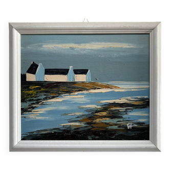 Marine bretonne, huile au couteau, Signée BP. Nouvelle série .