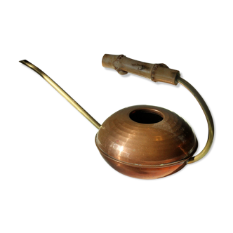 Copper watering can with handle made of bamboo and spout made of brass, vintage