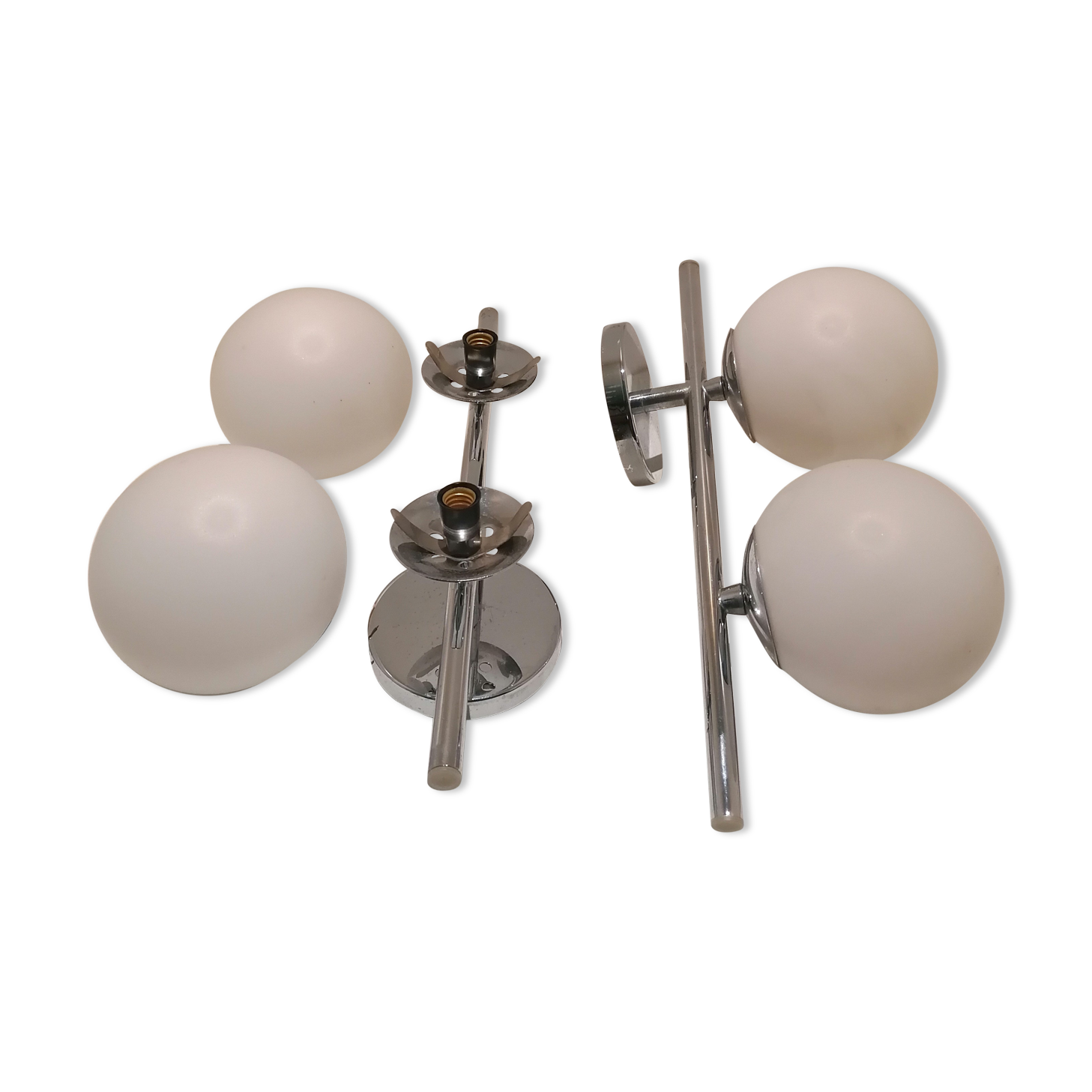 2 double chrome and opaline glass wall lamps 1960