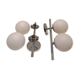 2 double chrome and opaline glass wall lamps 1960