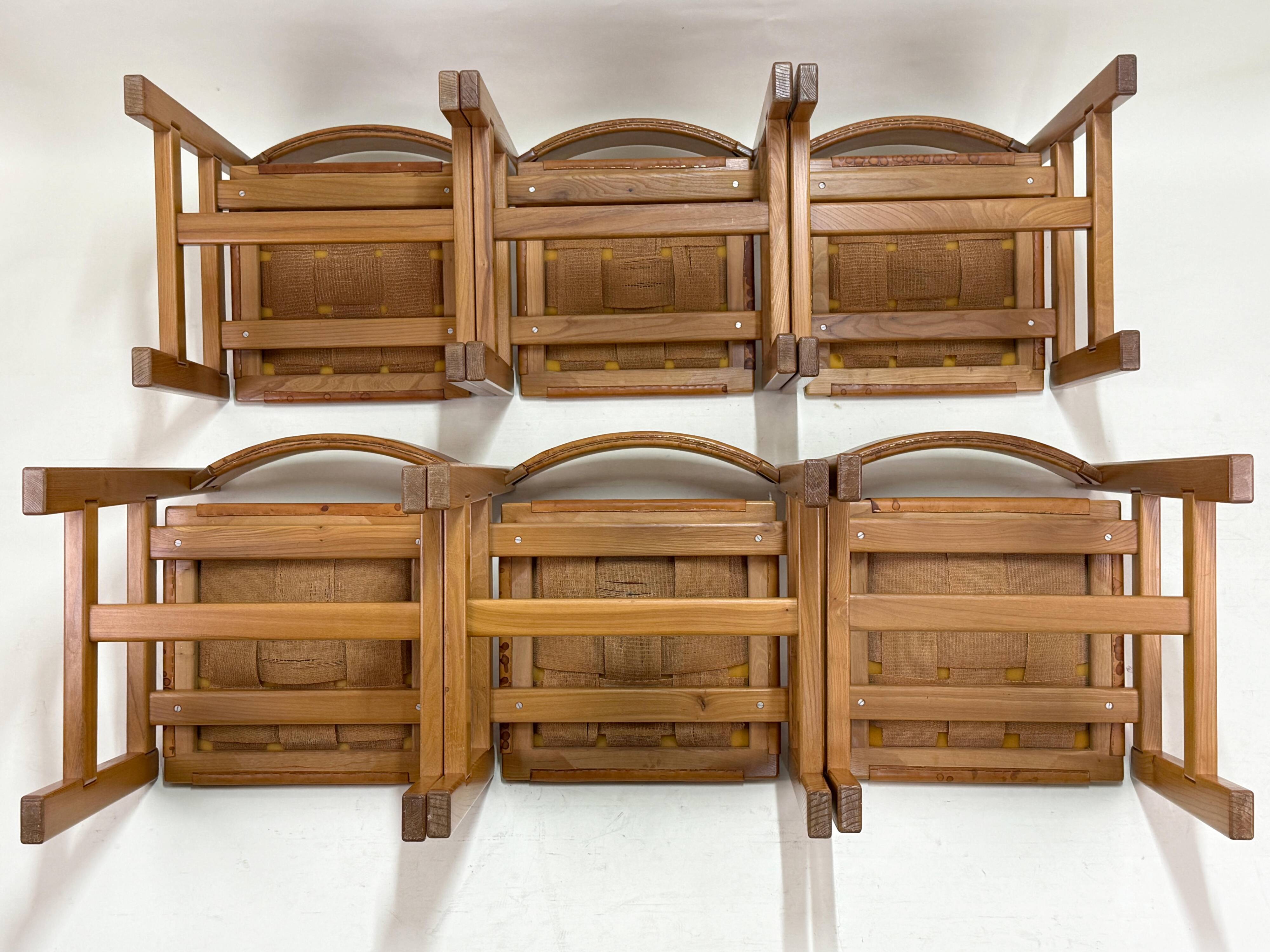 Set of 6 Maison Regain Chairs - Solid Elm and Fawn Leather - Circa 70