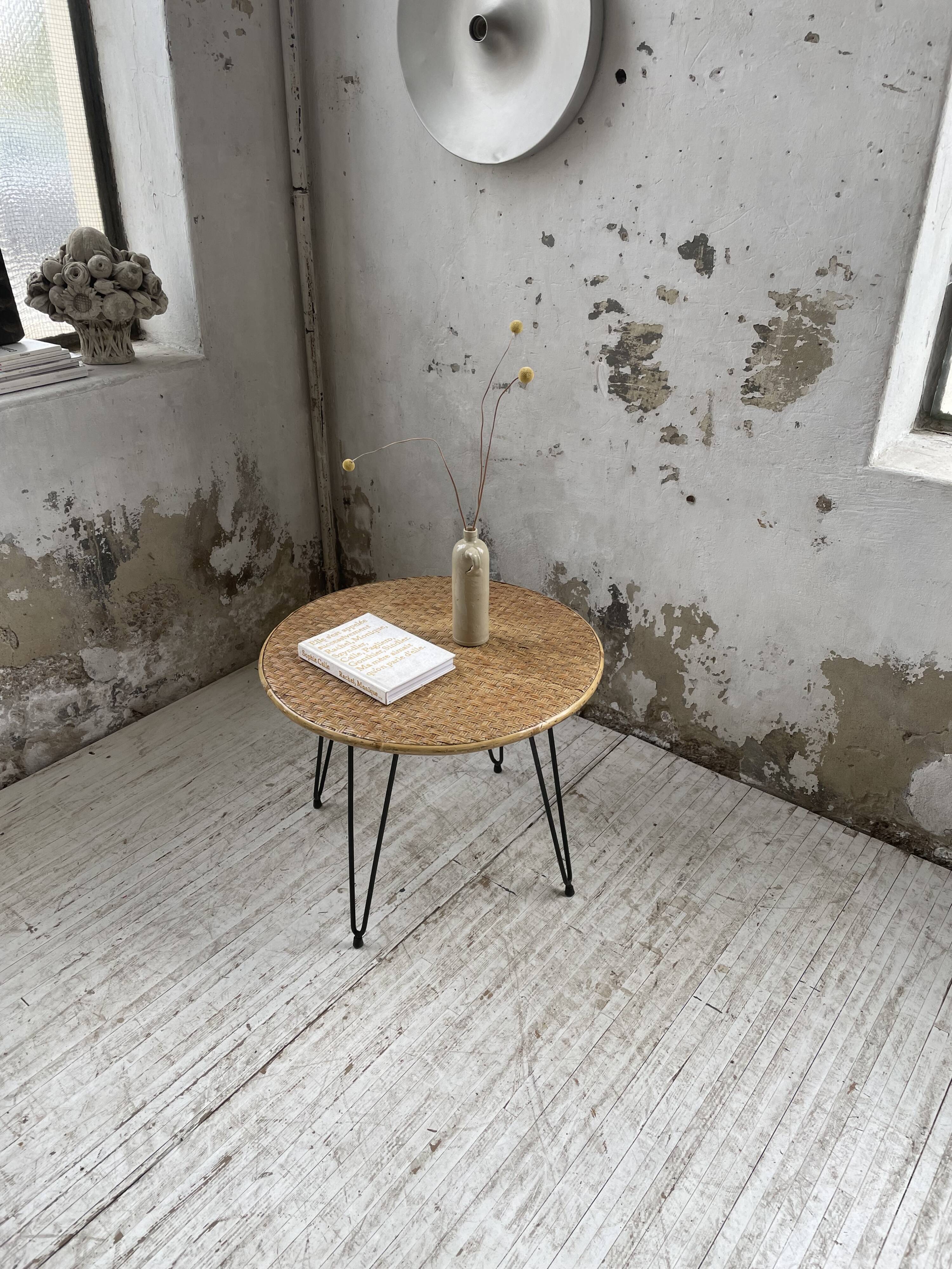 Wicker and metal coffee table from the 1950s