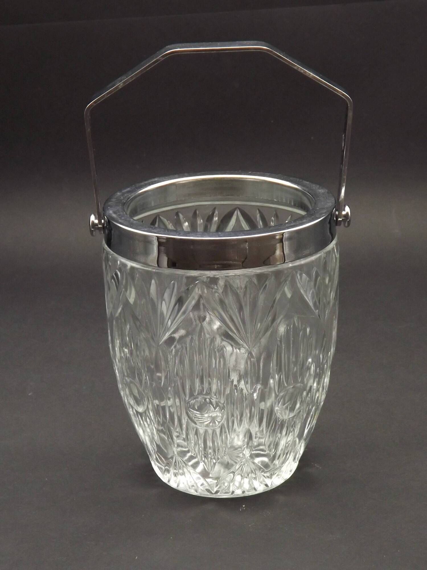 Quality Cut Glass French Vintage Ice Bucket Silver Metal Carry Handle 4507
