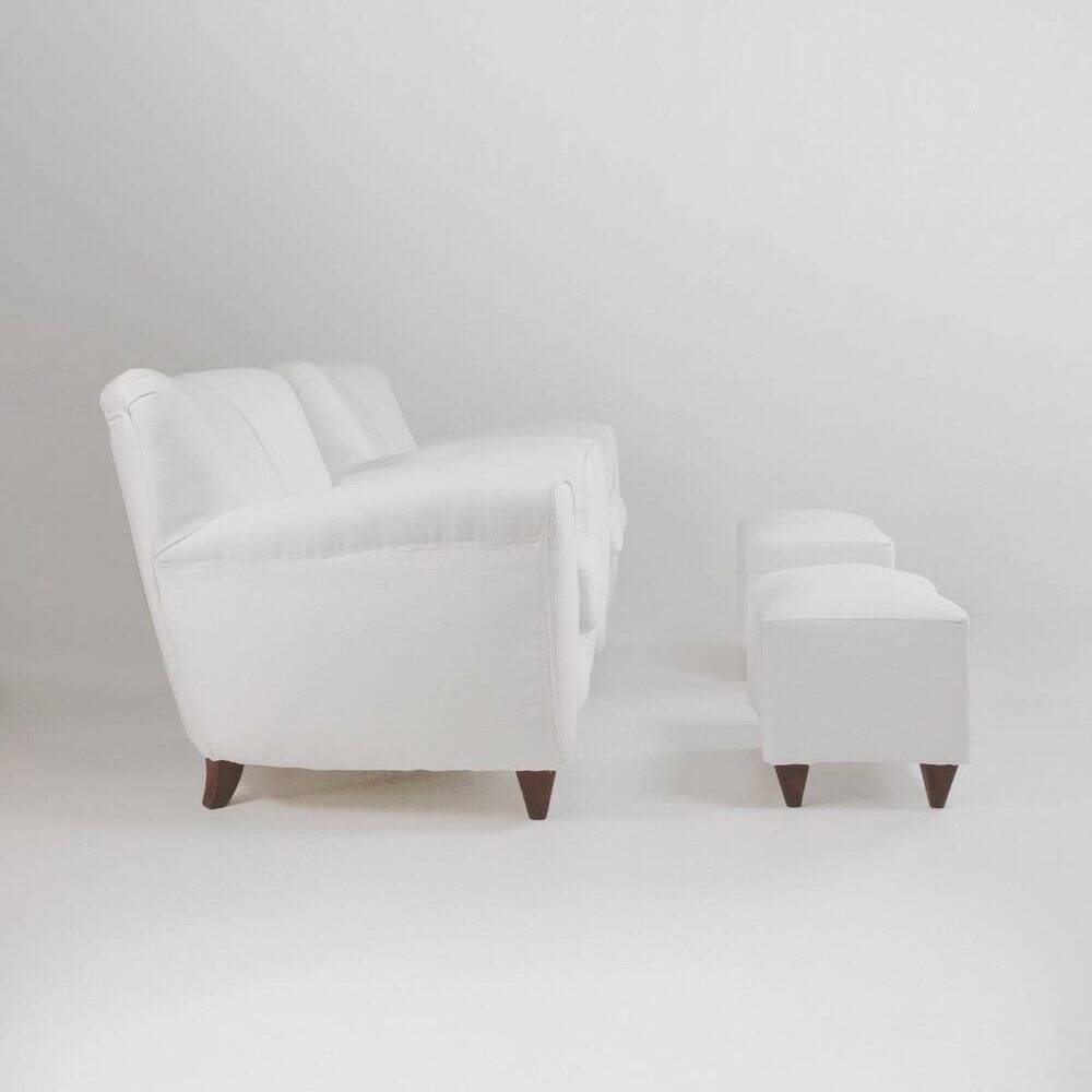 2 sets of Italian armchair with pouf in white fabric, Italy, 1940s