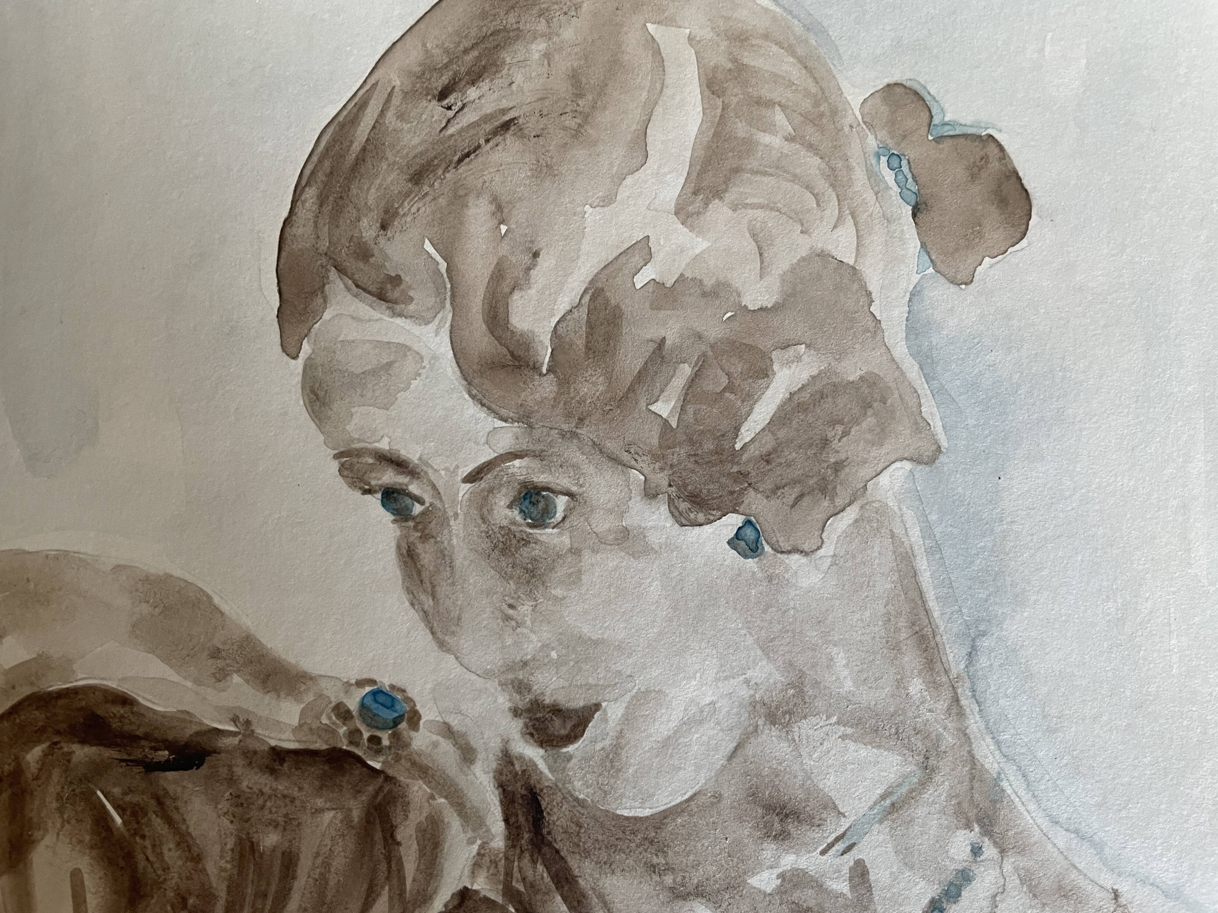 Watercolor painting signed female portrait “sapphire ring”