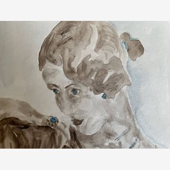 Tableau Aquarelle signé portrait féminin « bague saphir »