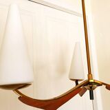 Chandelier french Arlus opaline and wood 1950