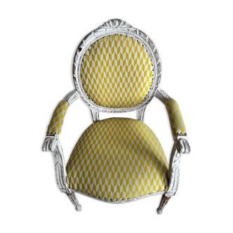 Louis XVI armchair, yellow Pierre Frey fabric with herringbone