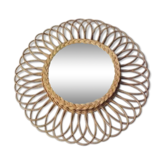 Miroir rotin osier soleil années 70 - 54cm