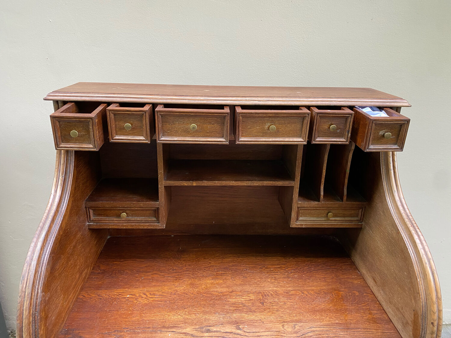 Antique solid wood secretary desk, handcrafted cabinetry.