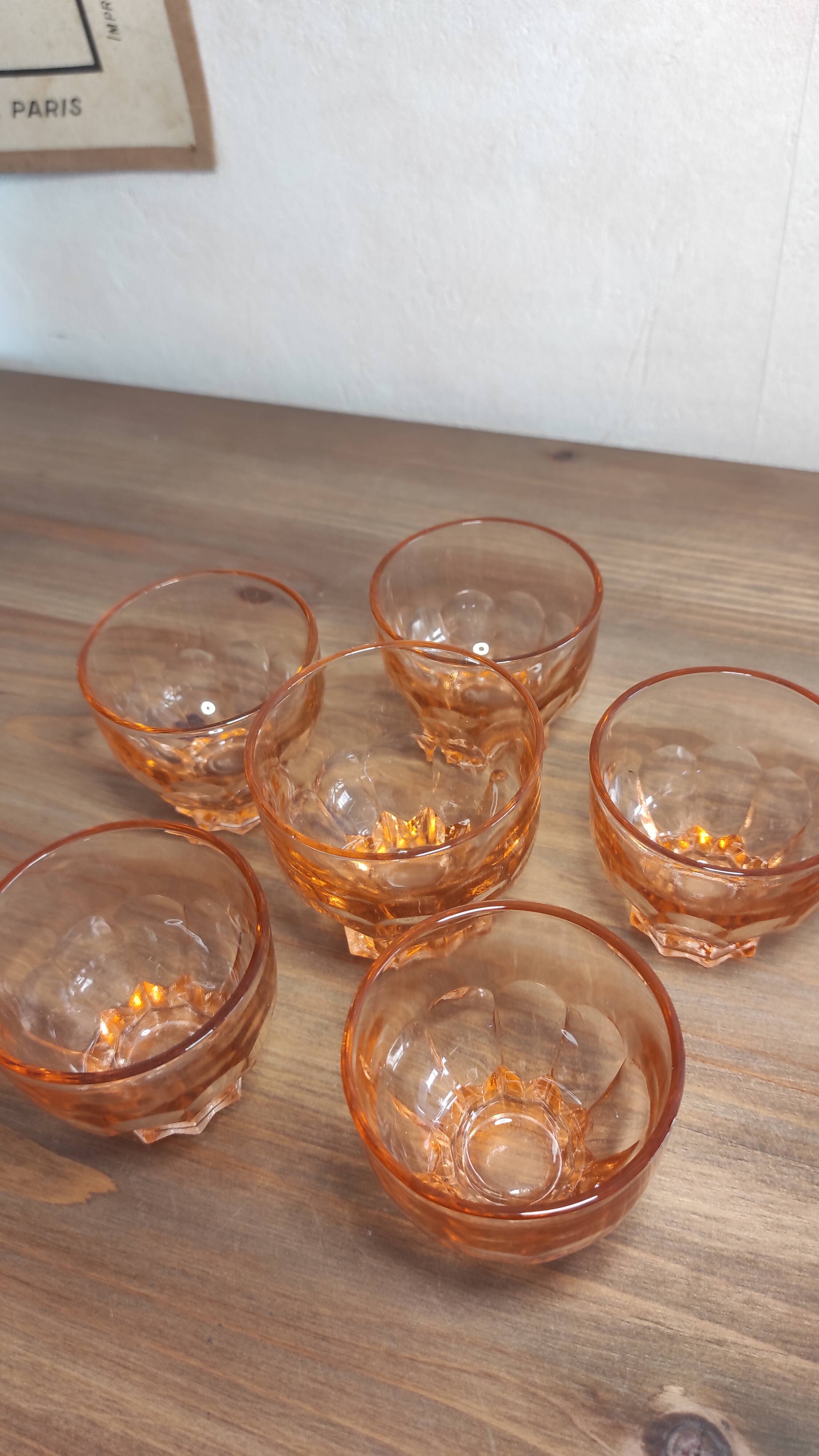 Set of 6 vintage Rosaline liqueur glasses in translucent pink glass