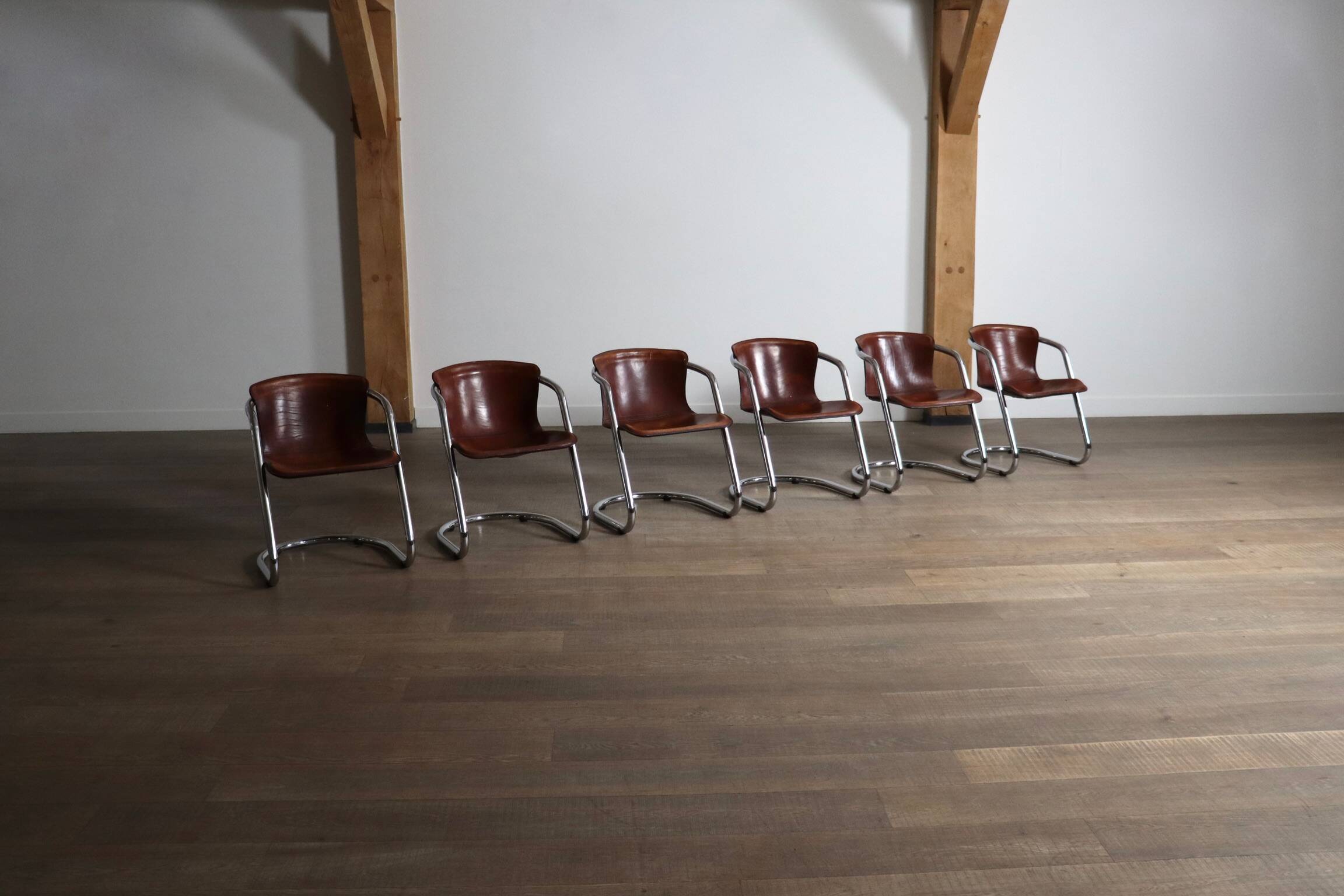 Set of 6 tubular chrome and saddle leather dining chairs for Metaform, 1970