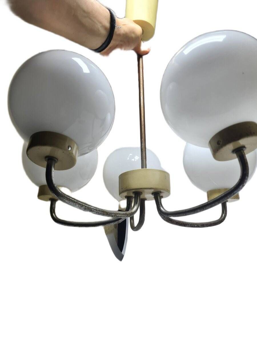Vintage pendant light in brass and glass, Poland, 1970s
