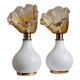 Orange Murano Glass Table Lamps Pair with Flower-Shaped Shades and Brass Details - 1970s Italy Bedside Lighting
