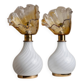 Orange Murano Glass Table Lamps Pair with Flower-Shaped Shades and Brass Details - 1970s Italy Bedside Lighting