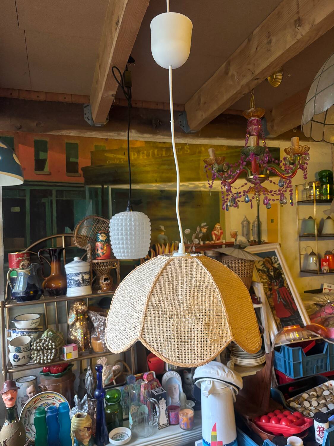 Vintage woven straw bell pendant light