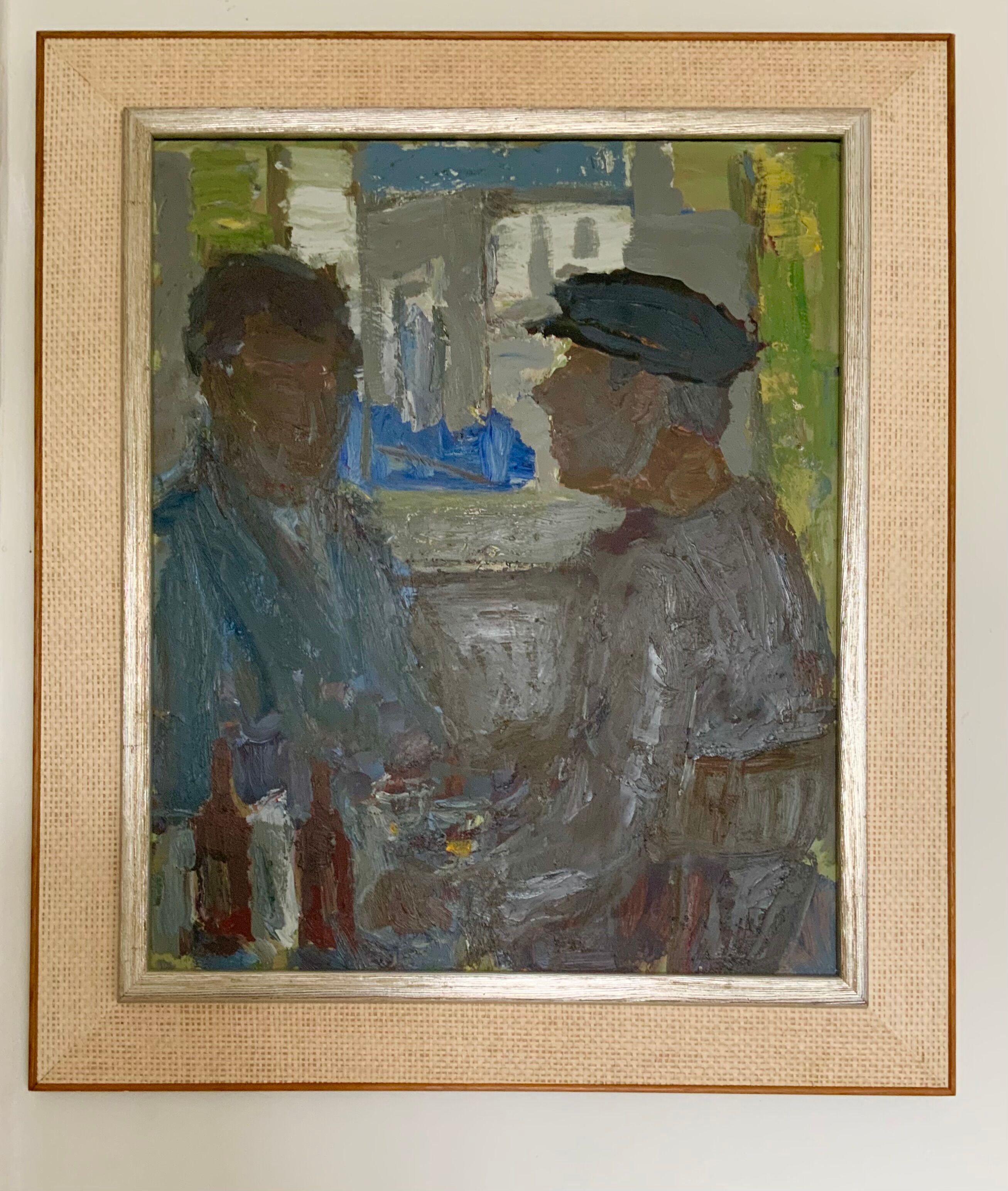 Original Svan Grandin Vintage Oil Painting  Portrait of two men in cafe