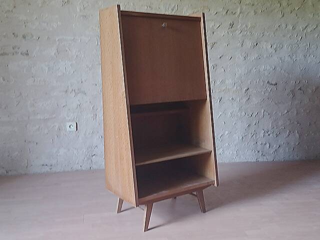 Vintage 1960s secretary with slanted design, light wood, compass legs