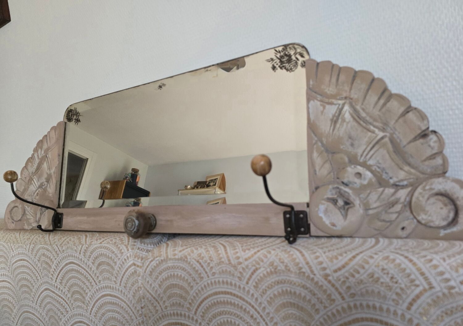 Art Deco wall coat rack with 3 hooks and a mirror.