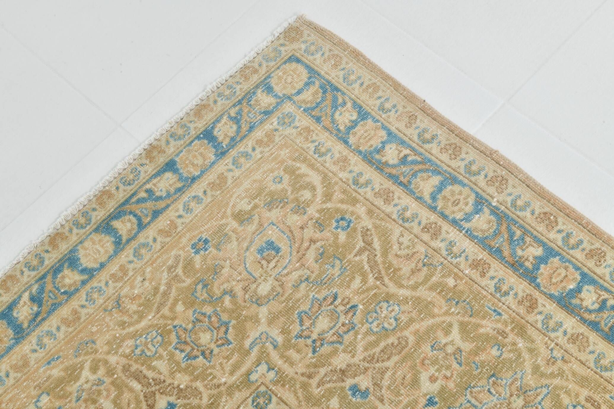 Sky Blue Hand Knotted Antique Vintage Persian Tabriz Rug, 293x407 Cm