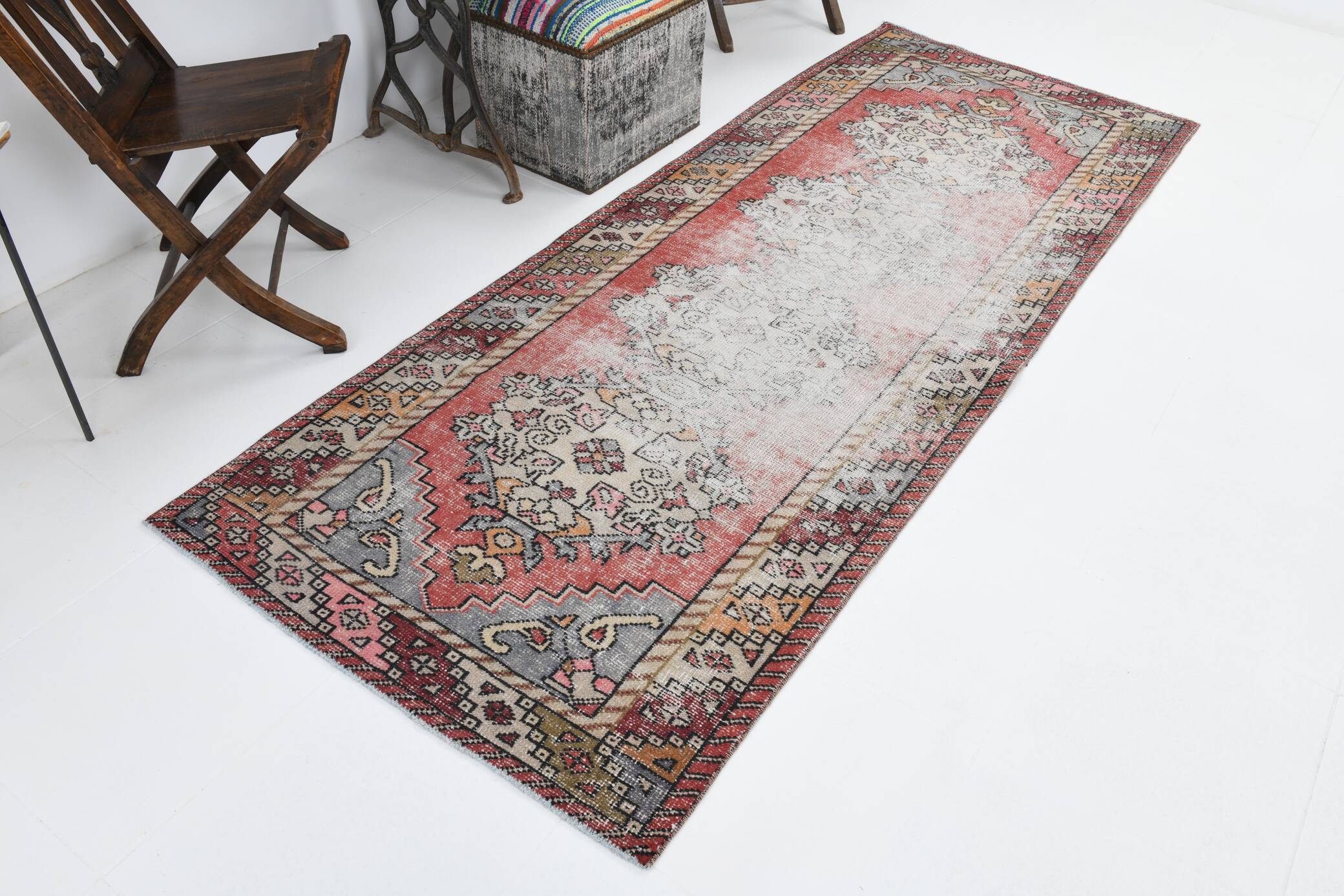 3x9 Rug For Hallway Antique Red Vintage Runner Rug, 102x261Cm SK 3931