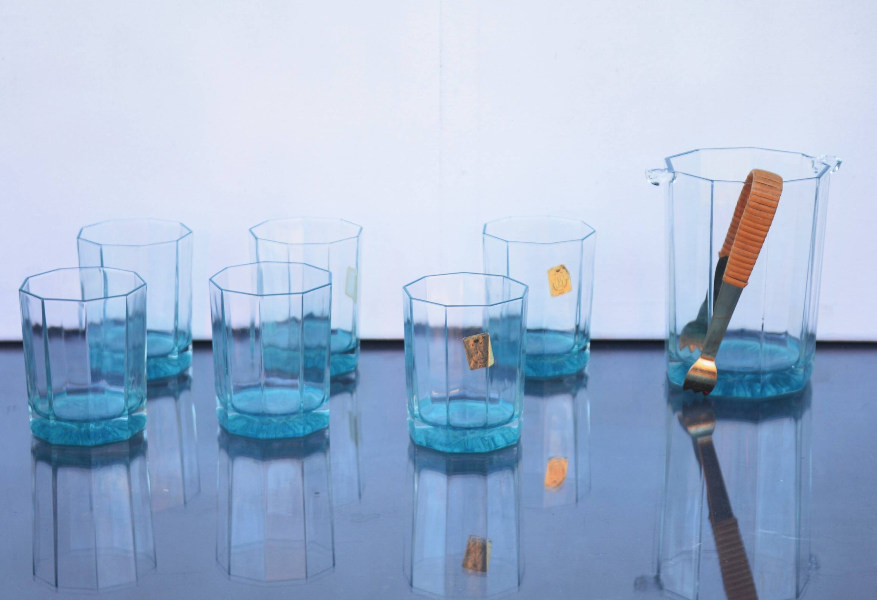 Mid Century Italy Frangar Non Flectar Whiskey Set of Blue Glasses With Ice Bucket and Fork Tongs