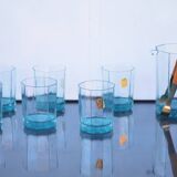 Mid Century Italy Frangar Non Flectar Whiskey Set of Blue Glasses With Ice Bucket and Fork Tongs