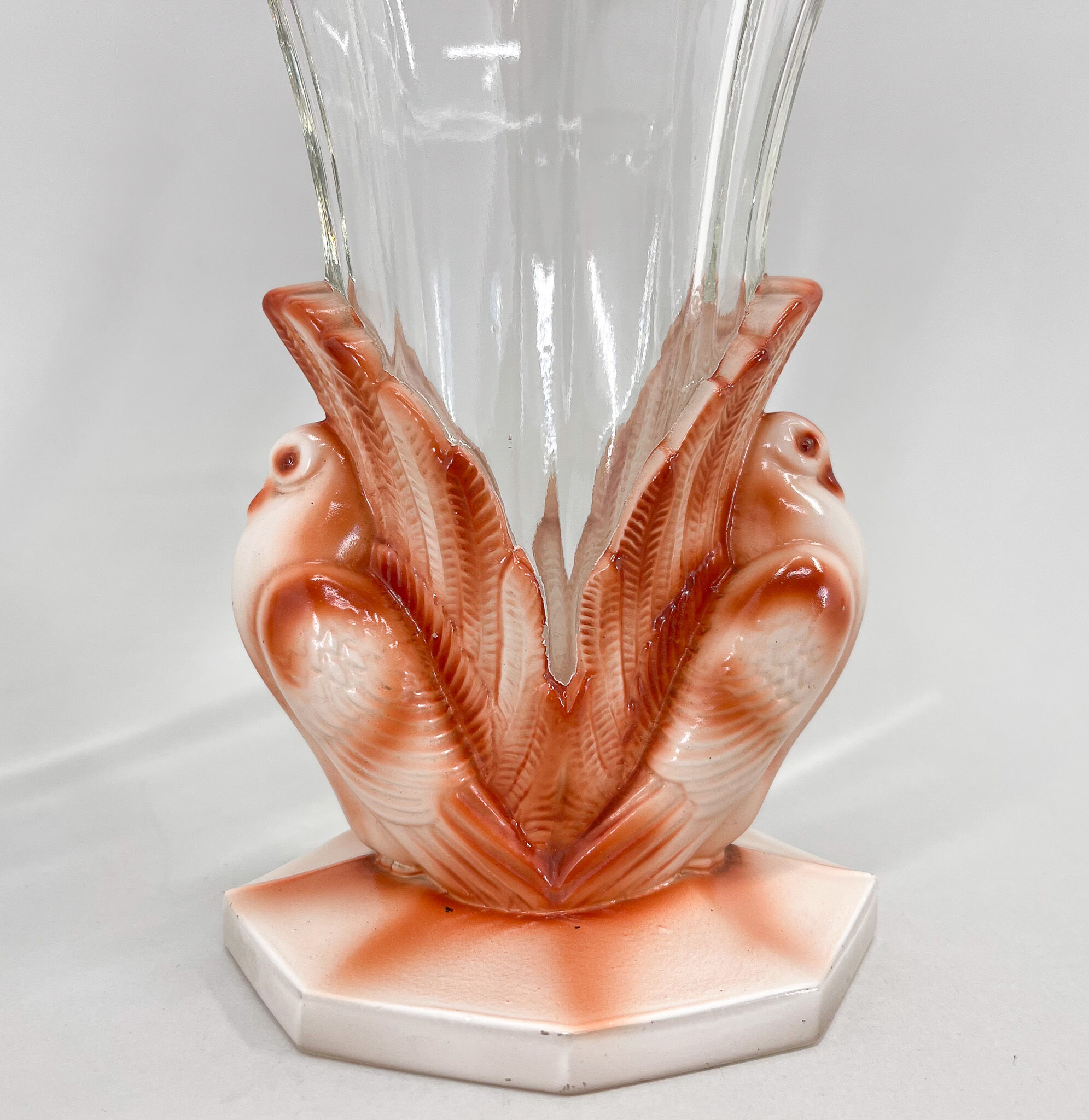 Set of Two Art Deco Dove Birds Glass Vases by Josef Feigl for Libochovice Glassworks, 1930s