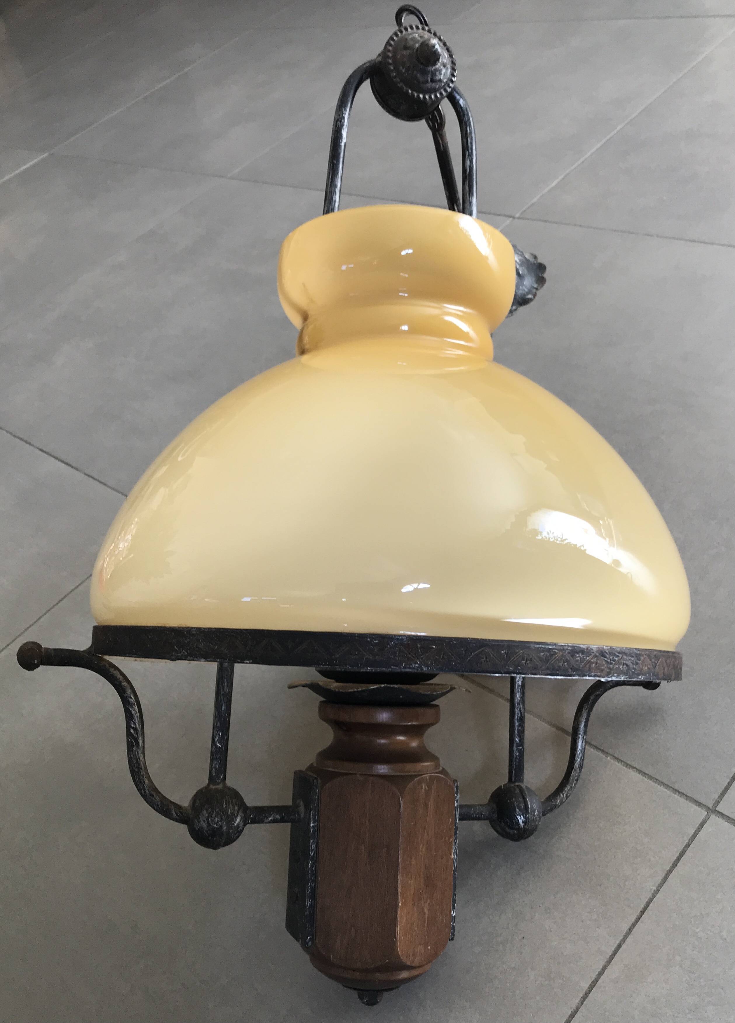Suspension vintage wood and iron chandelier with yellow opaline lampshade