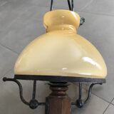 Suspension vintage wood and iron chandelier with yellow opaline lampshade