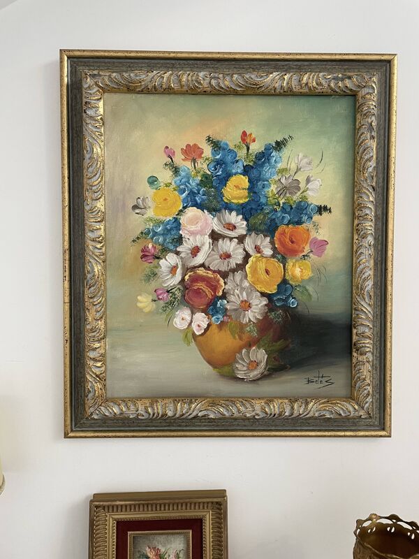 Peinture à l'huile, nature morte au bouquet, fleurs, signé betez, décor floral, cadre bois, art