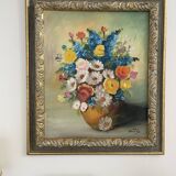 Oil painting, still life with bouquet, flowers, signed betez, floral decor, wooden frame, art