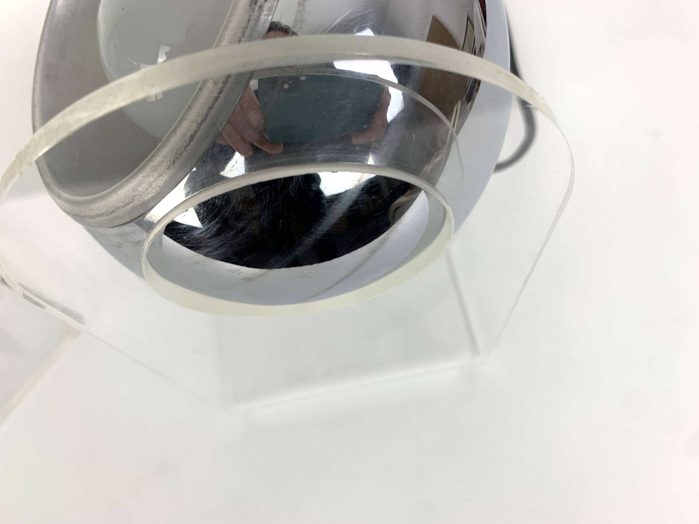 Pair of space age chrome plexiglass sphere table lamps from the 70s