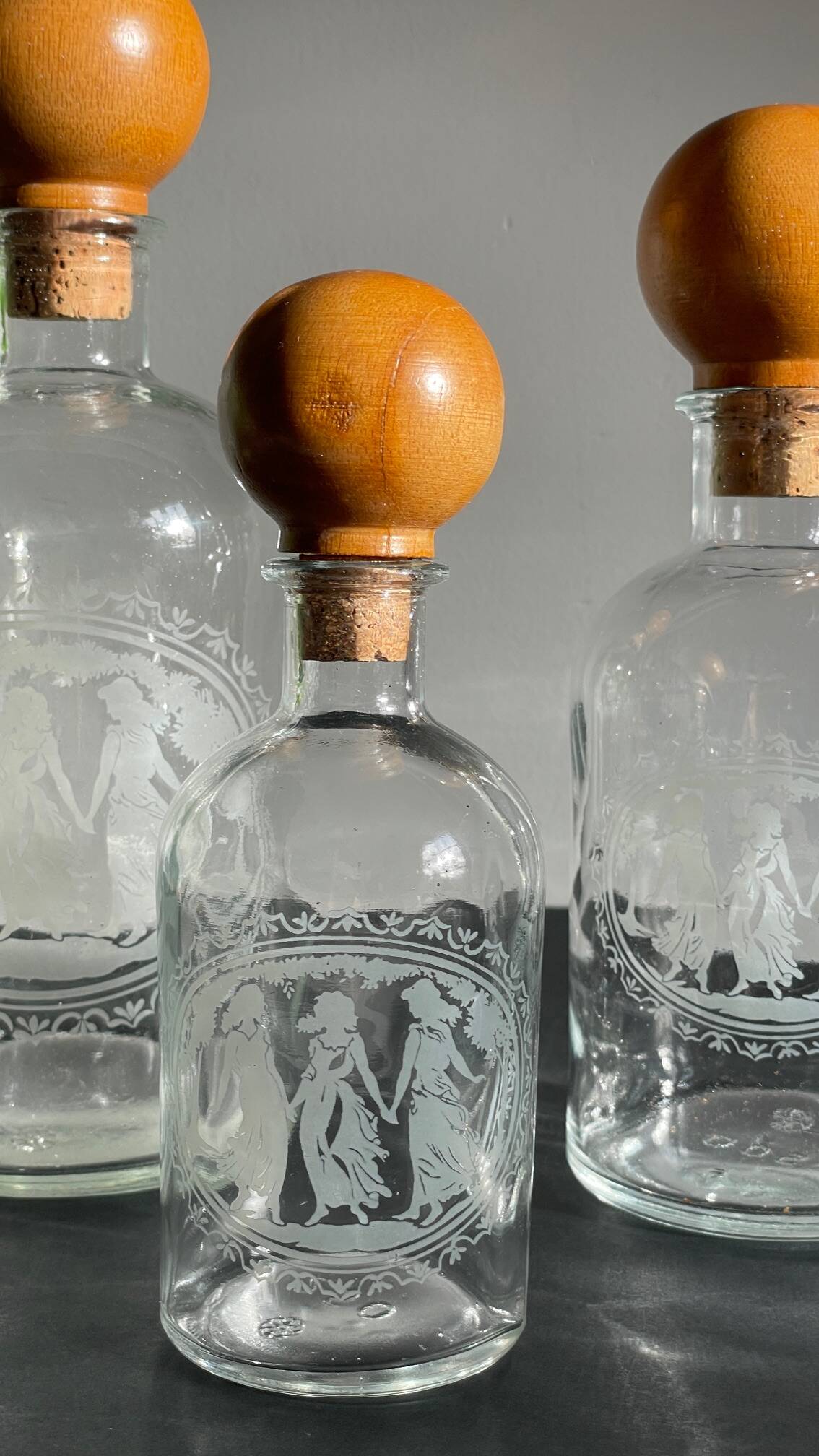 BOTTLES Engraved Glass and VINTAGE Wood
