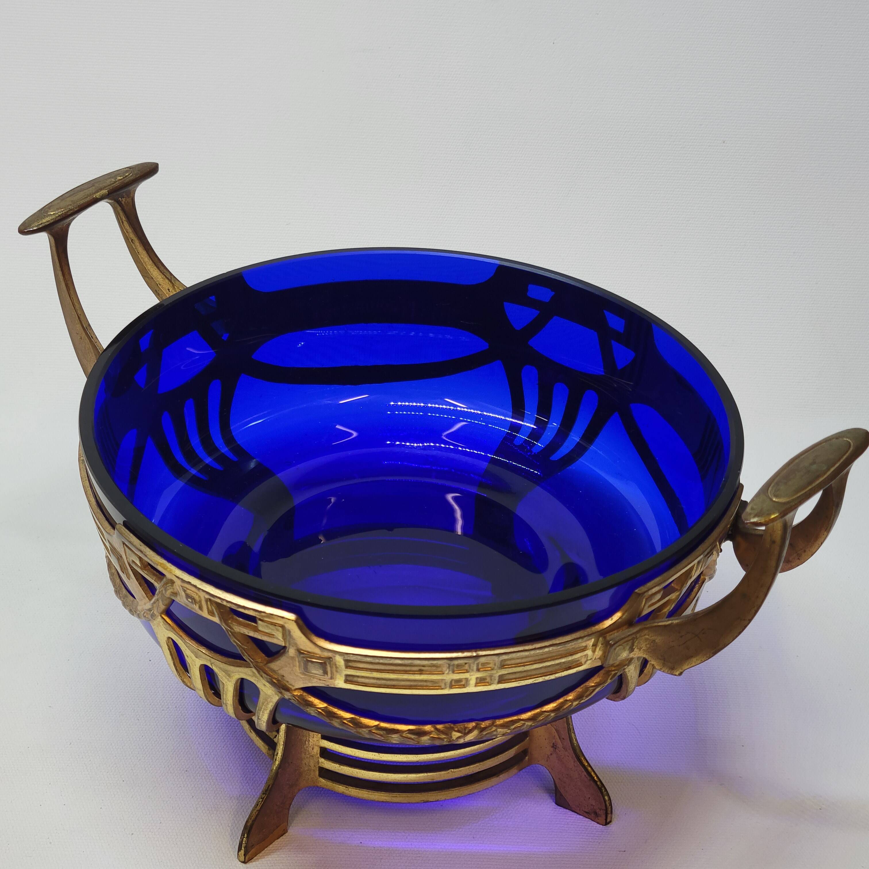 Antique gold metal and cobalt blue glass centerpiece planter