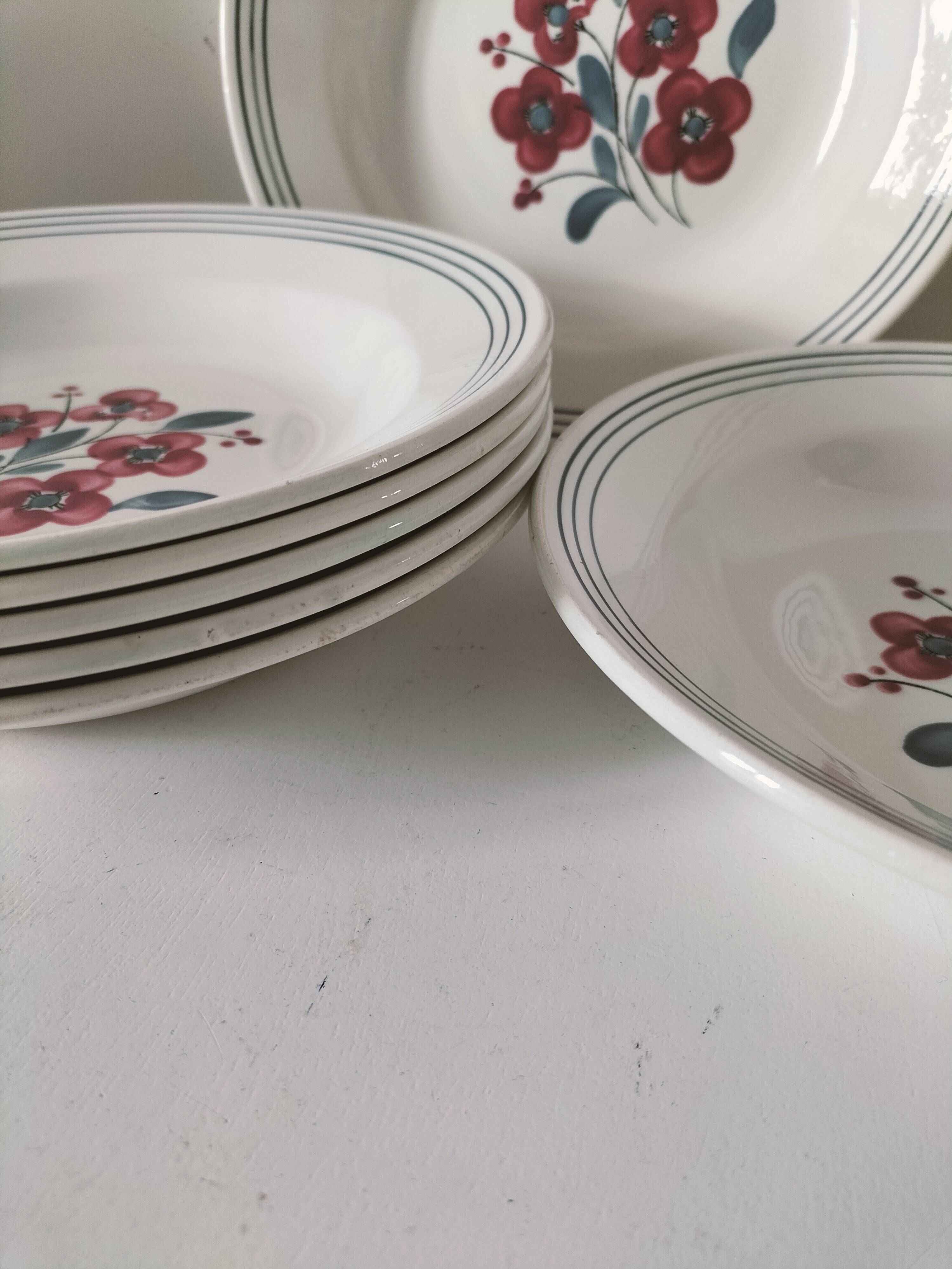 7 Salins Odile soup plates – raspberry flowers & blue border