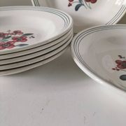 7 Salins Odile soup plates – raspberry flowers & blue border