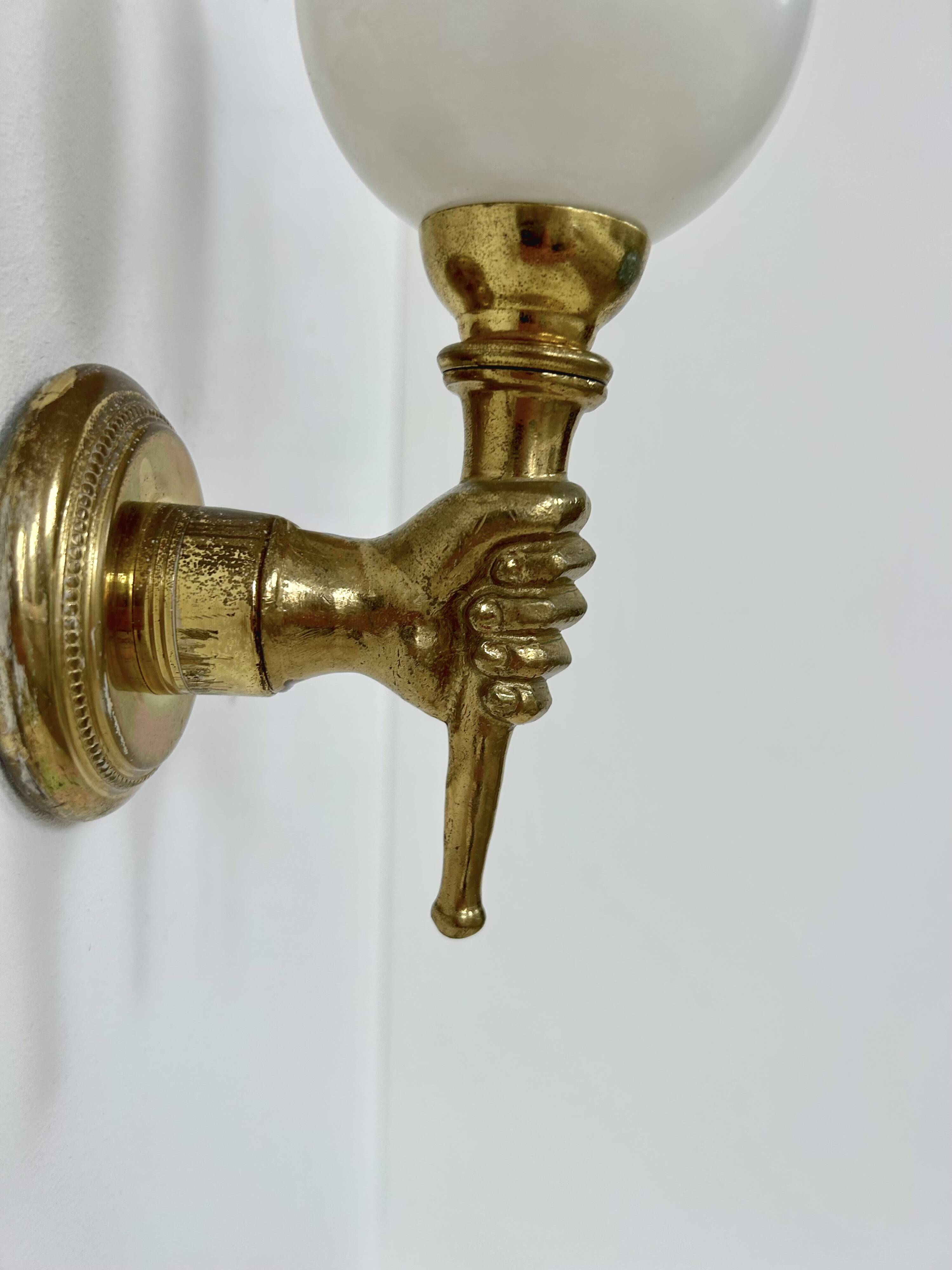 Pair of vintage wall lights, Maison Jansen, brass and opaline, France, 1960.