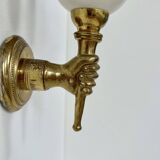 Pair of vintage wall lights, Maison Jansen, brass and opaline, France, 1960.