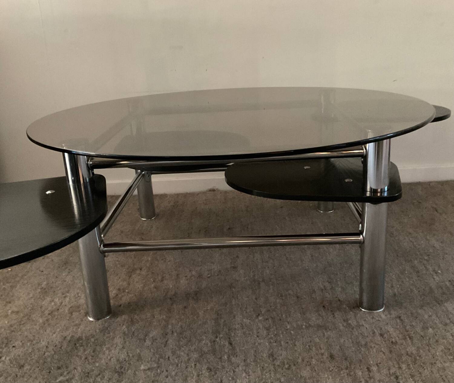 Vintage 1980s coffee table in smoked glass and chrome metal