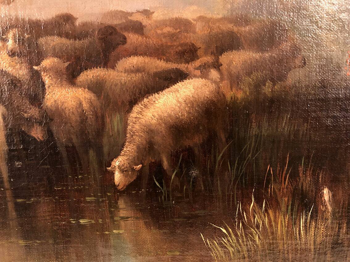 Prosper Ferey, large oil on canvas, “Shepherdess and her flock” mid-19th century