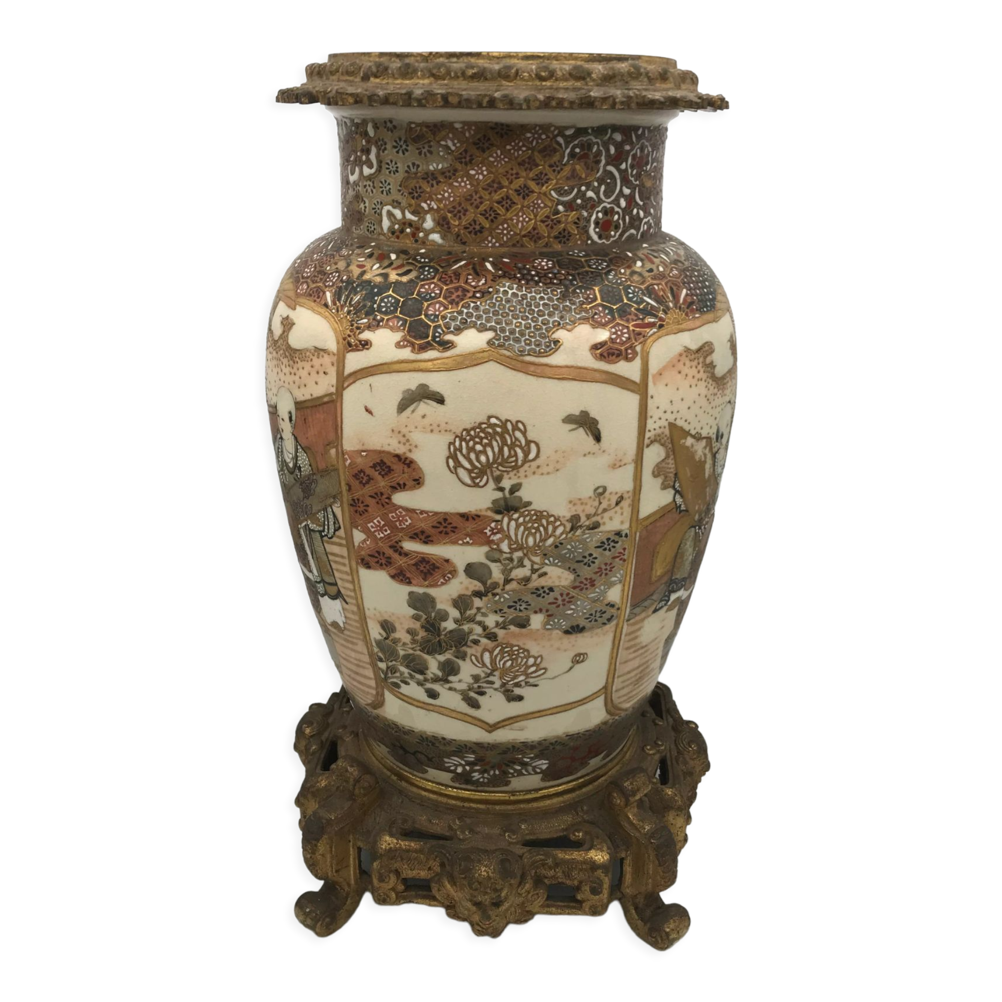 Old satsuma ceramic vase with various decorations mounted on bronze