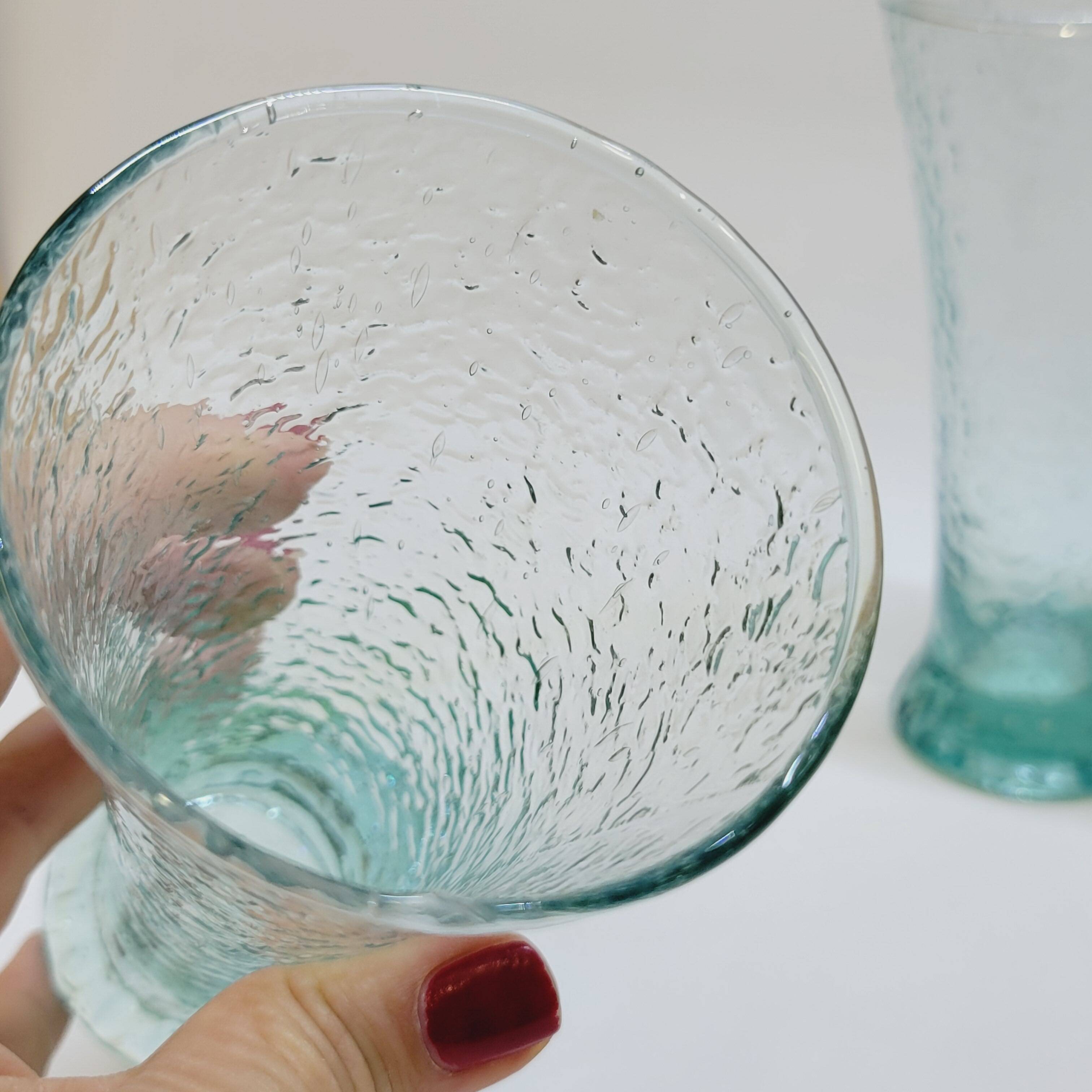 6 flared glasses in textured bubble blown blue glass pastis / orangeade / water