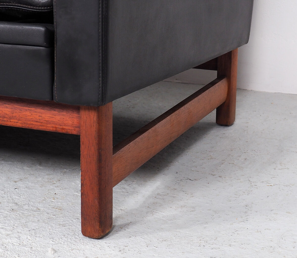 Danish design black leather and teak 3 seater sofa, 1960s