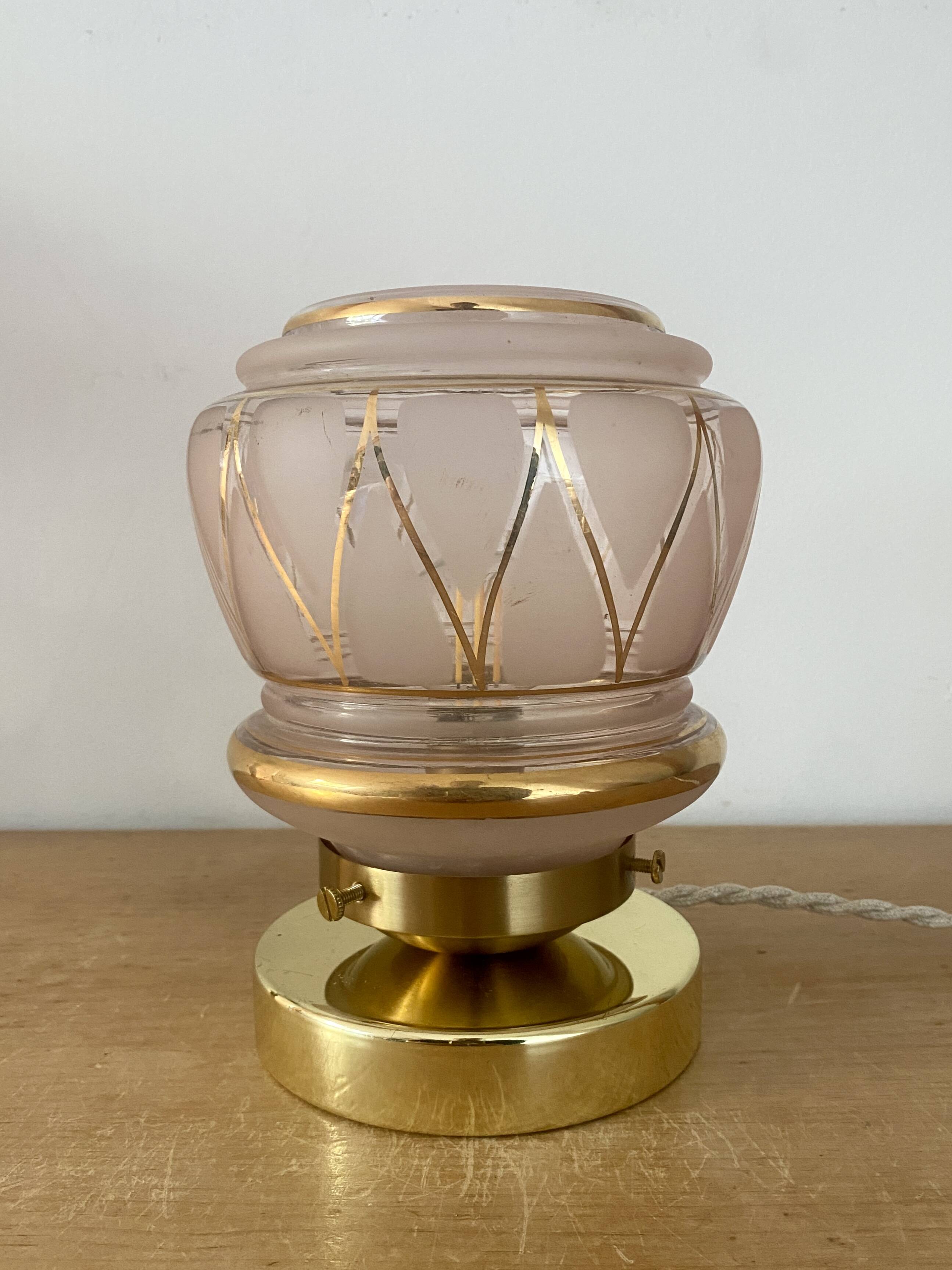 Vintage art deco globe table lamp in pink and gold glass