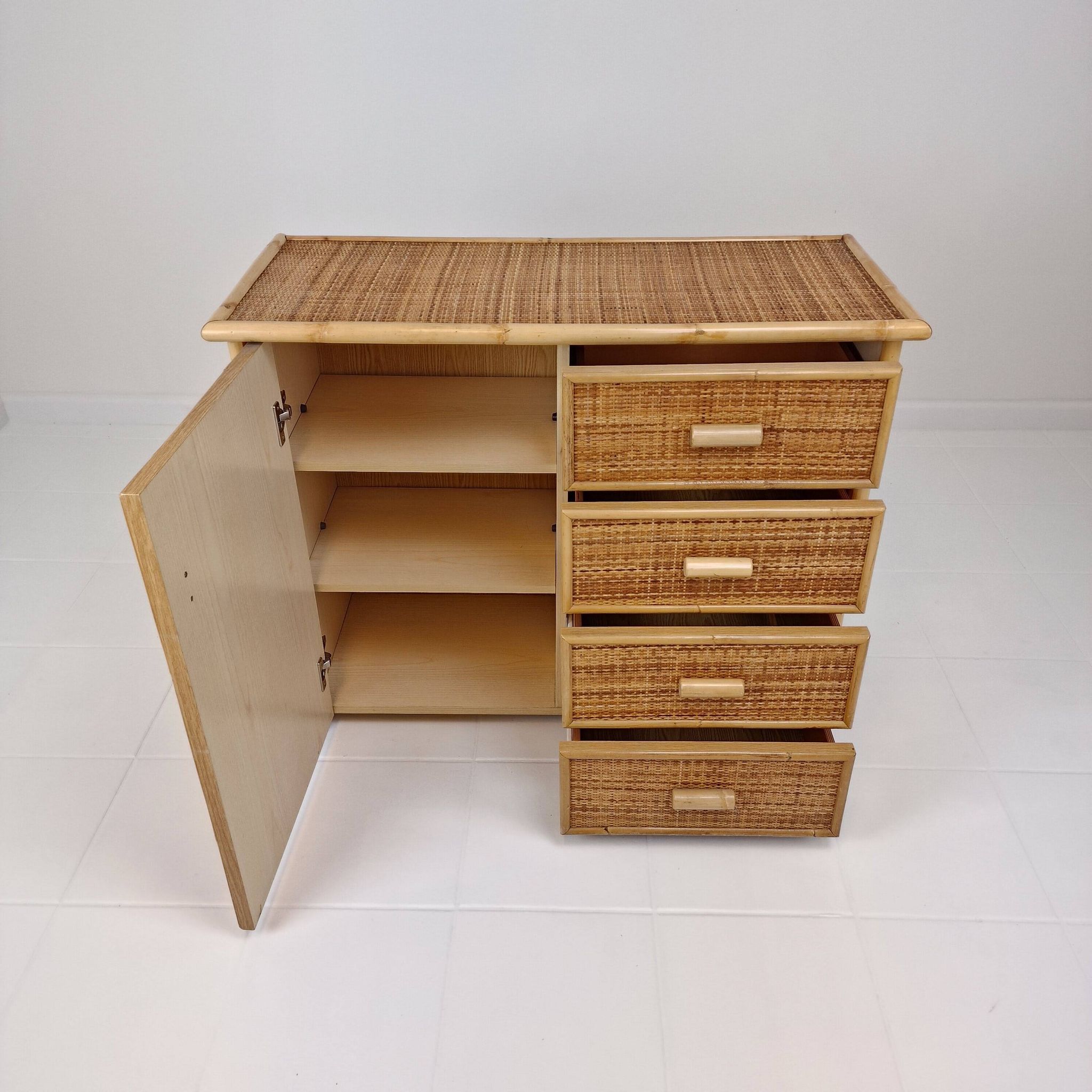 Italian Bamboo and Rattan Chest of Drawers or Credenza, 1980s